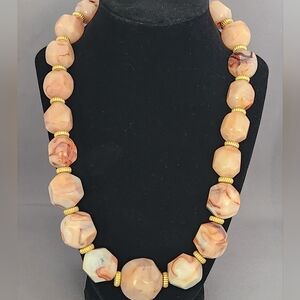 Hand Crafted Peach Marble Bead Necklace with Gold Accents